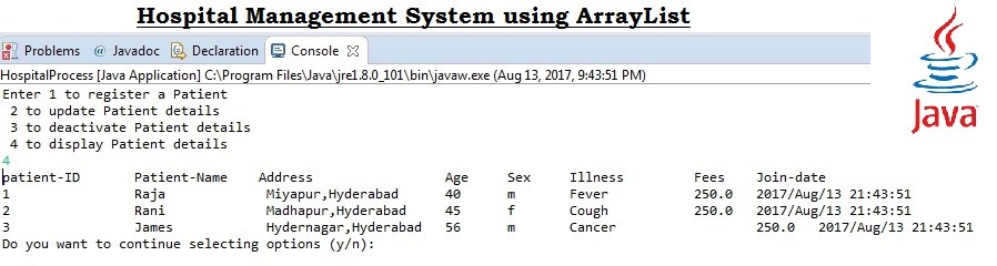hospital management system using ArrayList