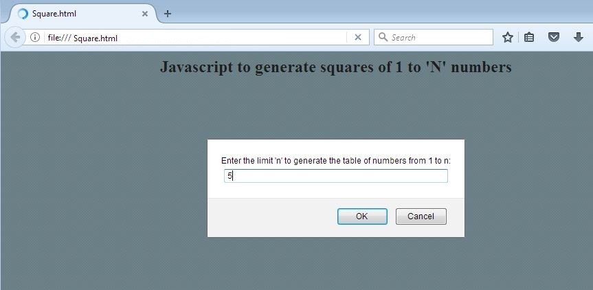 Javascript to generate squares of n numbers - Input