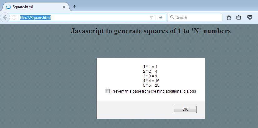 Javascript to generate squares of n numbers - Output