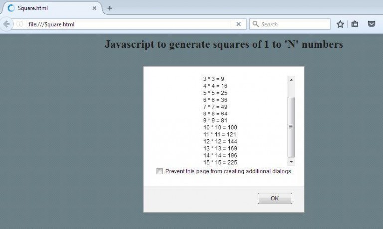 Javascript to generate squares of 1 to n numbers - Krazytech