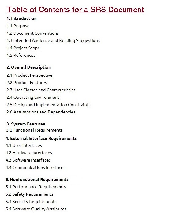Contents in Software Requirements Specification document