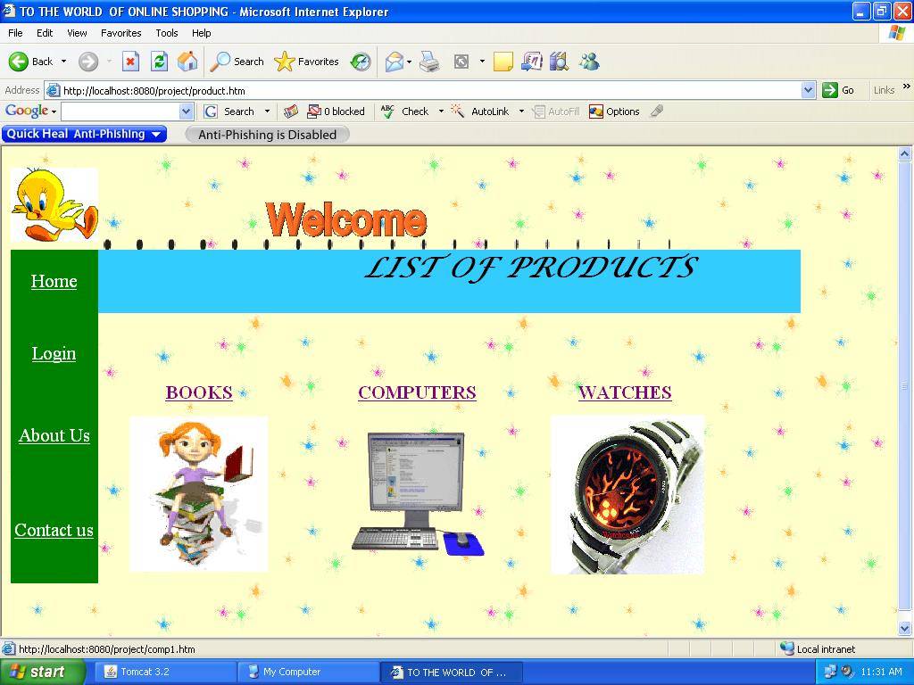 Products page in secured weportal for online shopping